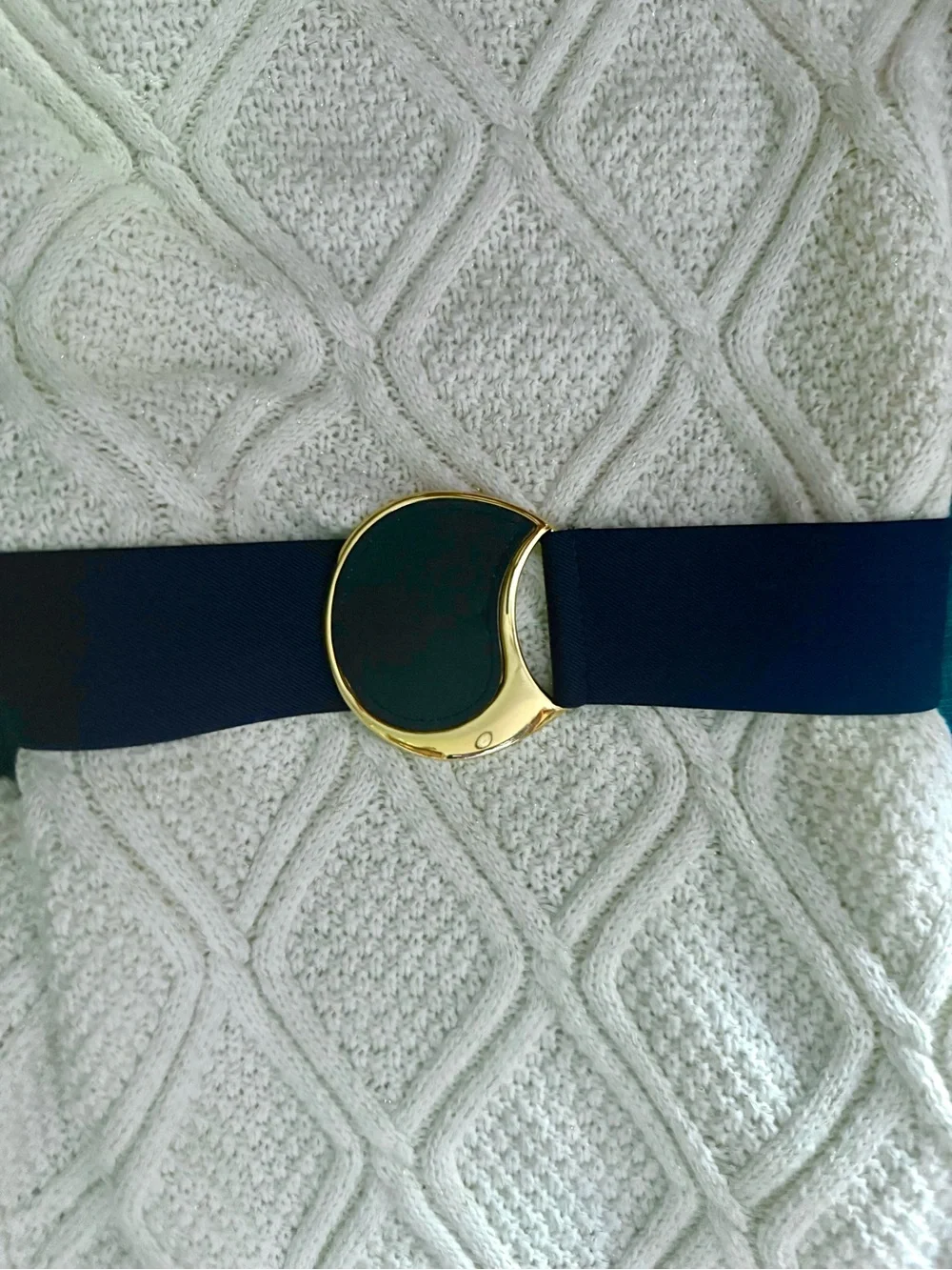 Navy Elastic Statement Belt with Gold Accent Buckle 1980s Vintage S